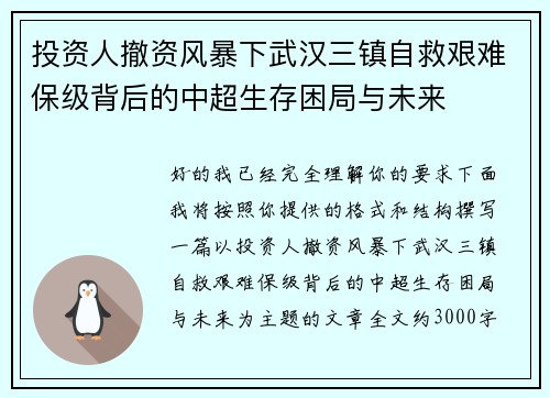 投资人撤资风暴下武汉三镇自救艰难保级背后的中超生存困局与未来